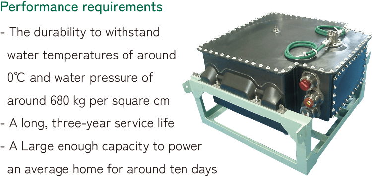 Performance requirements - The durability to withstand water temperatures of around 0℃ and water pressure of around 680 kg per square cm - A long, three-year service life - A Large enough capacity to power an average home for around ten days
