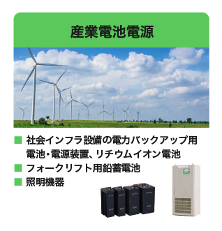 産業電池電源・社会インフラ設備の電力バックアップ用電池電源装置、リチウムイオン電池・フォークリフト用鉛蓄電池・照明機器